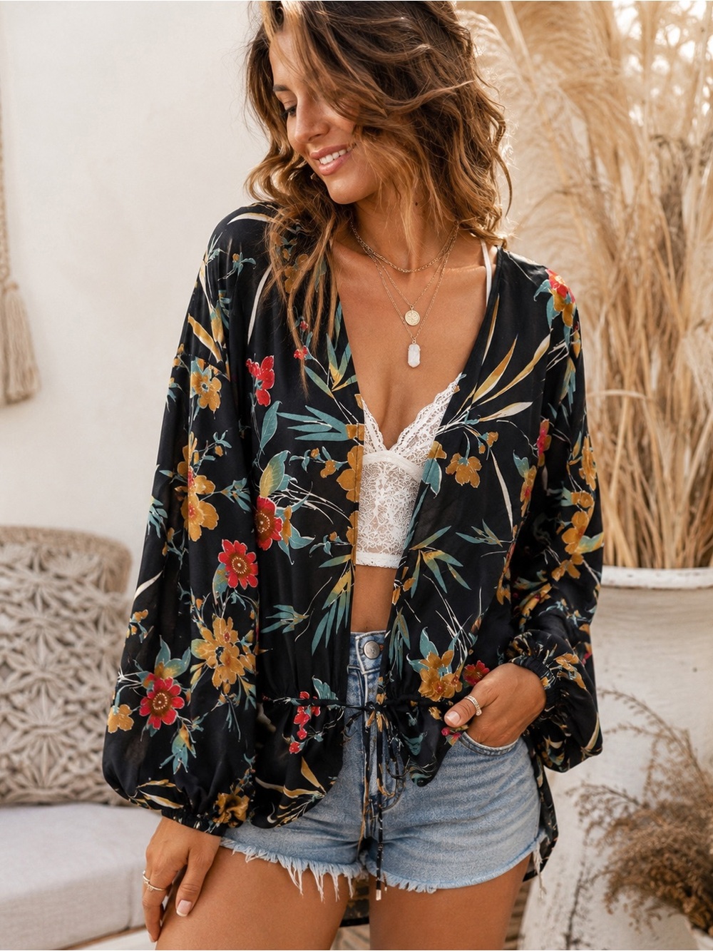 Umgee USA Black Floral Boho Kimono Cardigan Size M/L